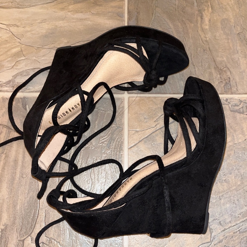 Black tie up wedge heels